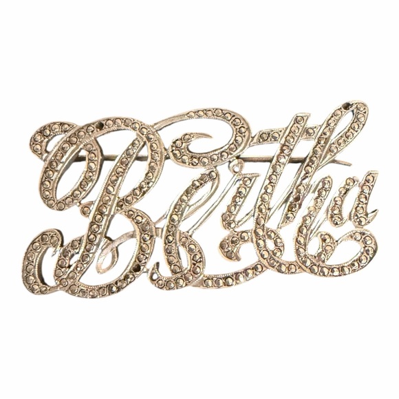 Vintage Bertha Script Name Brooch Rhinestone Gold Tone Figural Pin - Picture 2 of 5